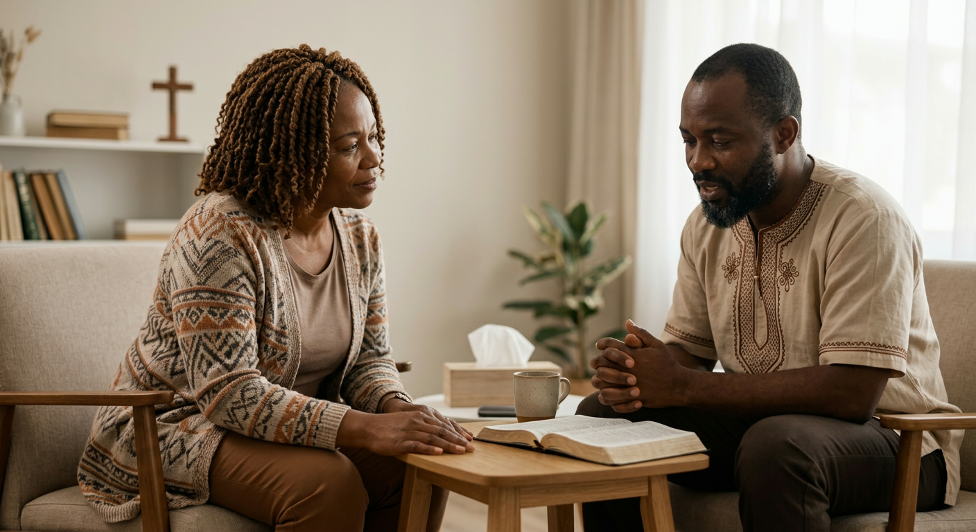 A caring counsellor listening compassionately during a pastoral counselling session